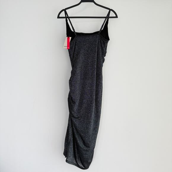 Popilush Dress Large Black Silver Metallic Knit Bodycon Slip Sparkly Glam NYE - Picture 3 of 11
